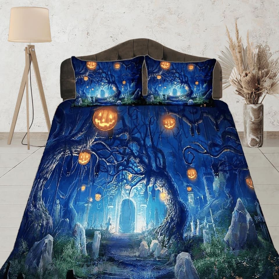 Pumpkin lanterns mystical forest halloween bedding & pillowcase, gothic duvet cover, dorm bedding, goth decor toddler bedd…