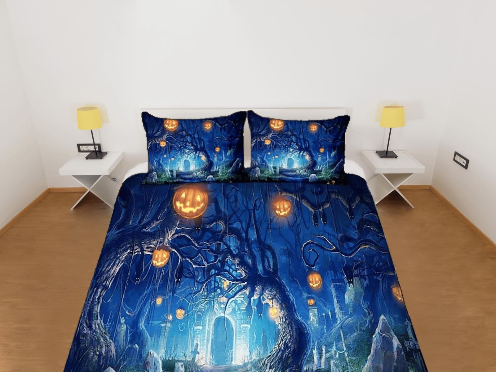Pumpkin lanterns mystical forest halloween bedding & pillowcase, gothic duvet cover, dorm bedding, goth decor toddler bedd…