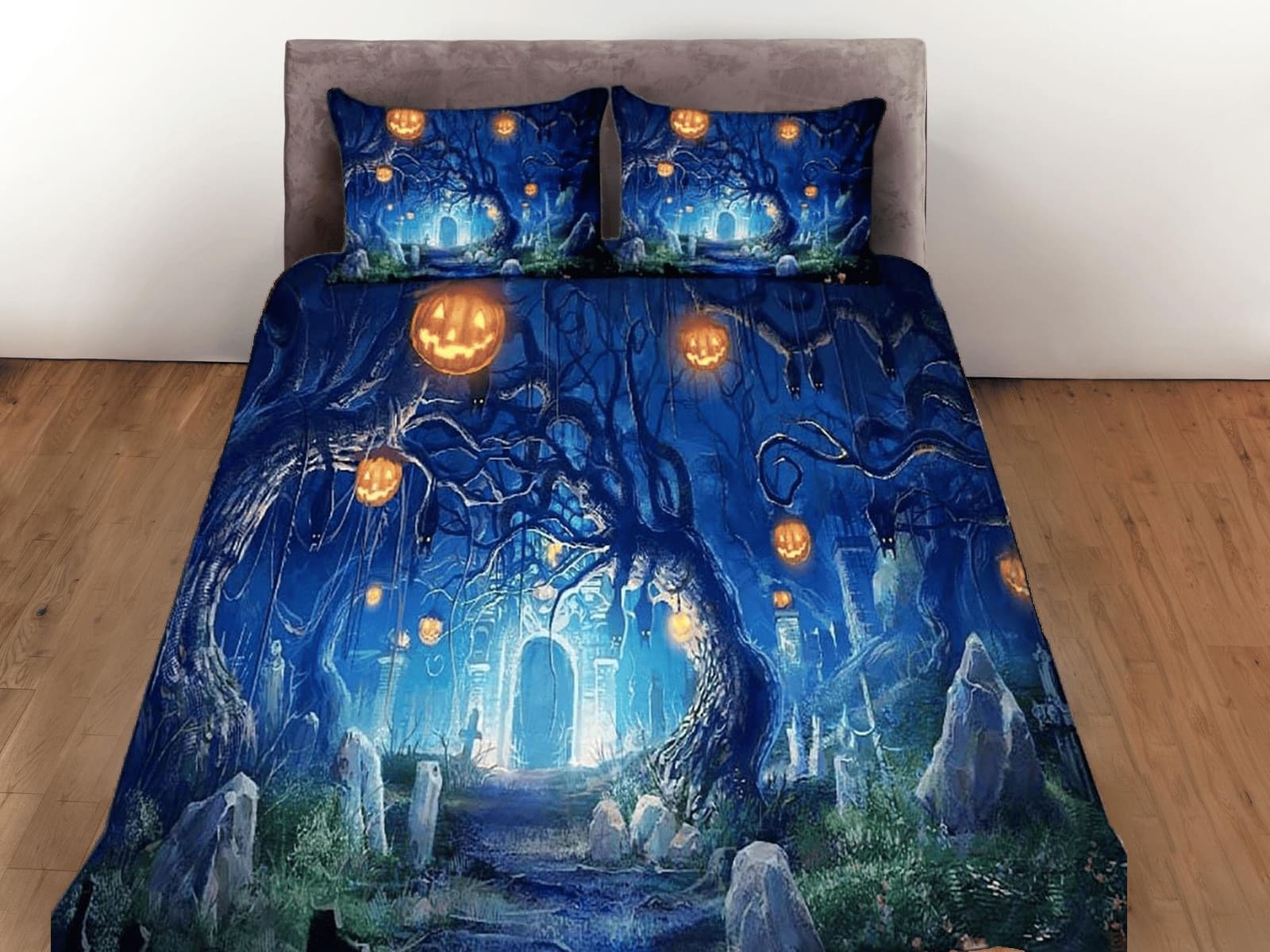 Pumpkin lanterns mystical forest halloween bedding & pillowcase, gothic duvet cover, dorm bedding, goth decor toddler bedd…