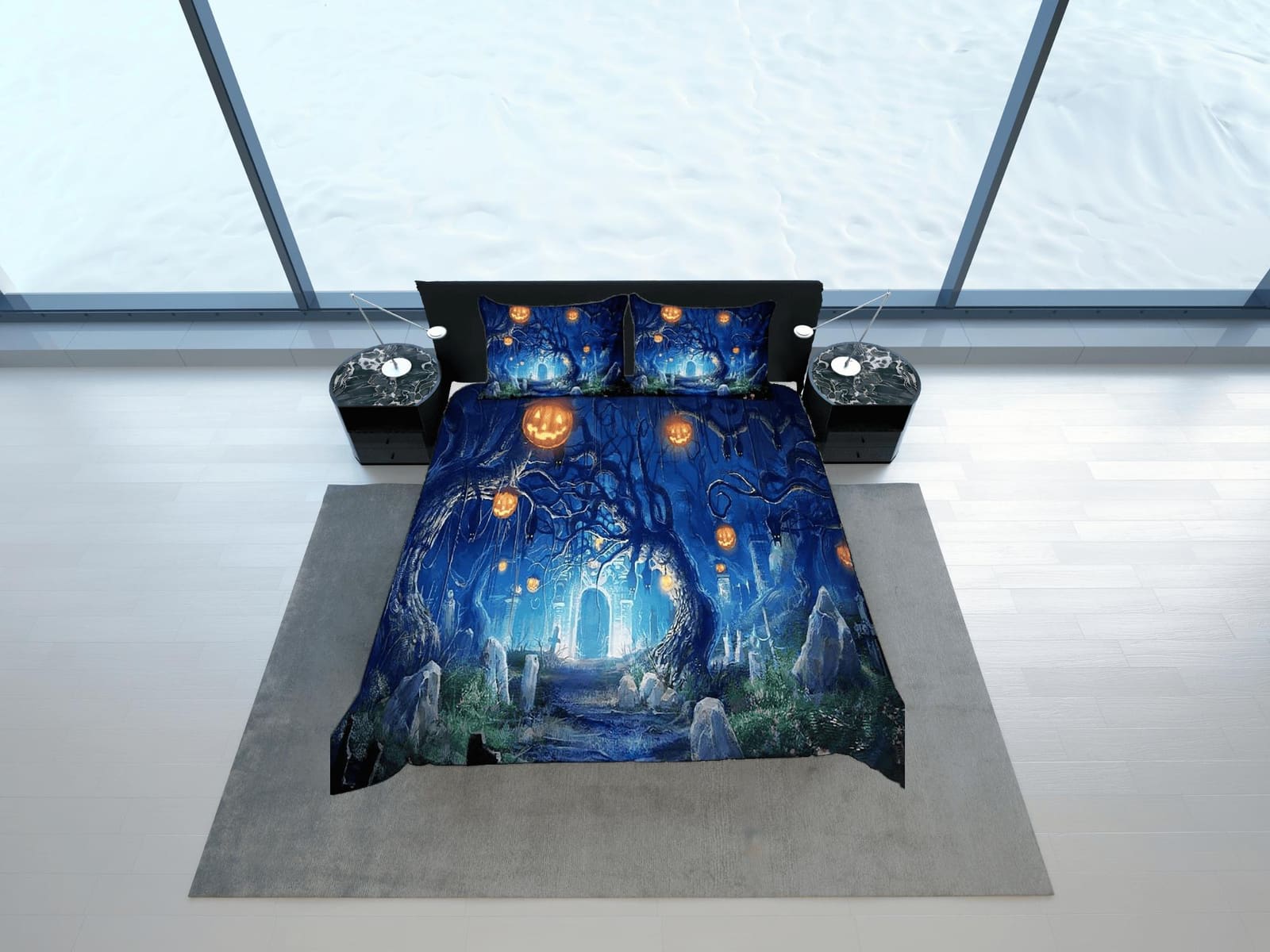 Pumpkin lanterns mystical forest halloween bedding & pillowcase, gothic duvet cover, dorm bedding, goth decor toddler bedd…