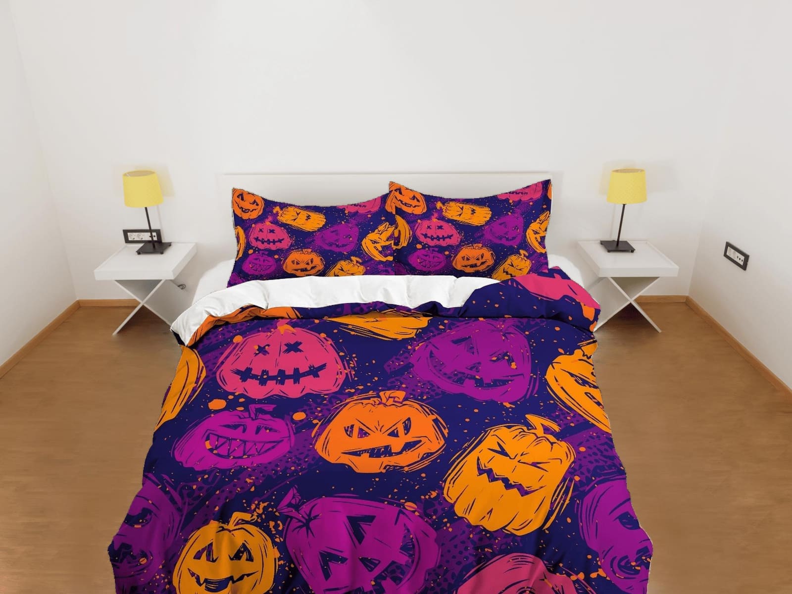 Pumpkin purple halloween bedding & pillowcase, gothic duvet cover, dorm bedding, goth decor toddler bedding, halloween gift