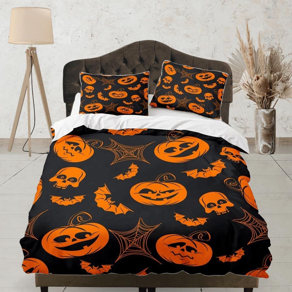 Pumpkin retro halloween bedding & pillowcase, black duvet cover set dorm bedding, halloween decor, nursery toddler bedding…