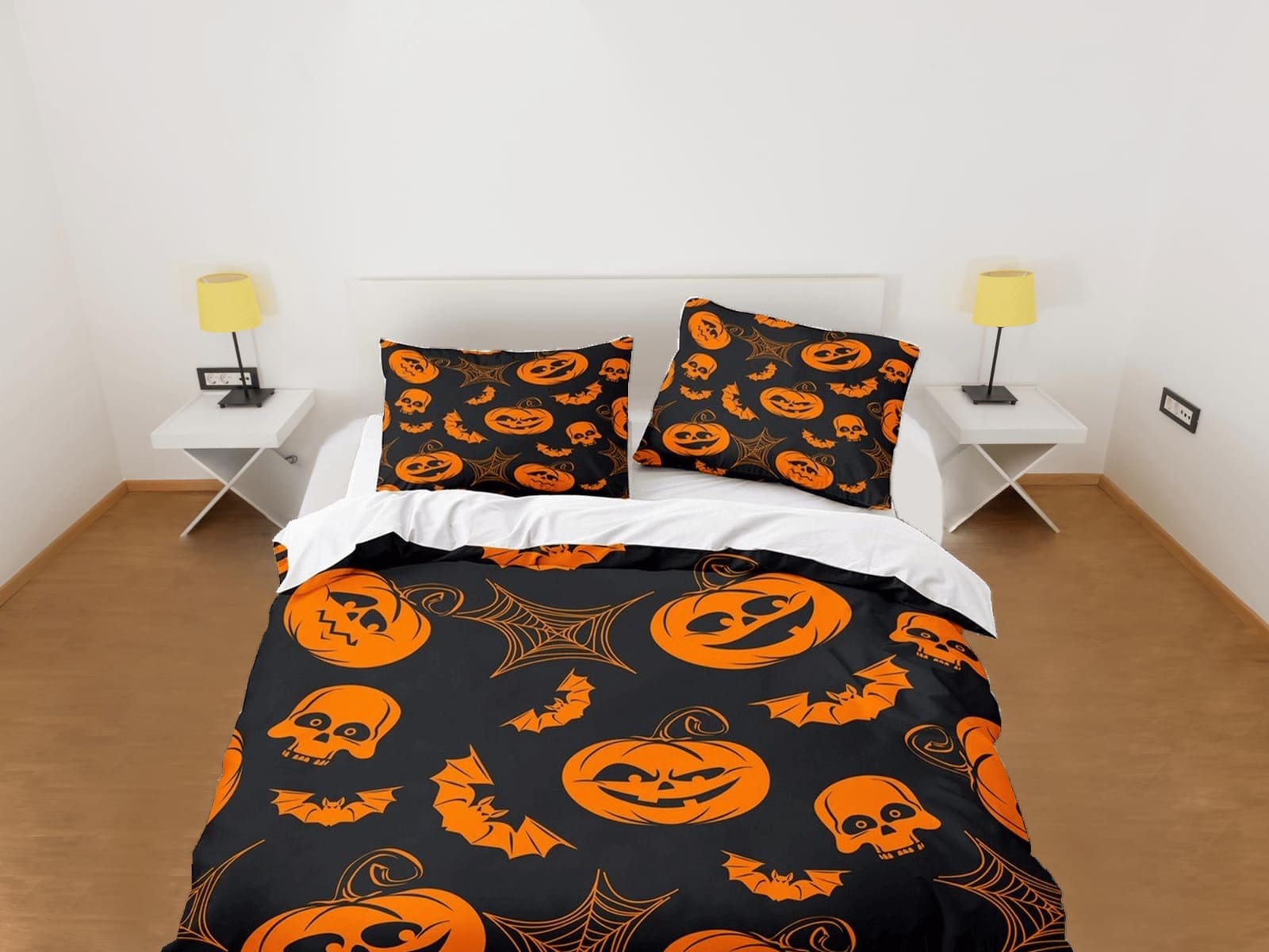Pumpkin retro halloween bedding & pillowcase, black duvet cover set dorm bedding, halloween decor, nursery toddler bedding…