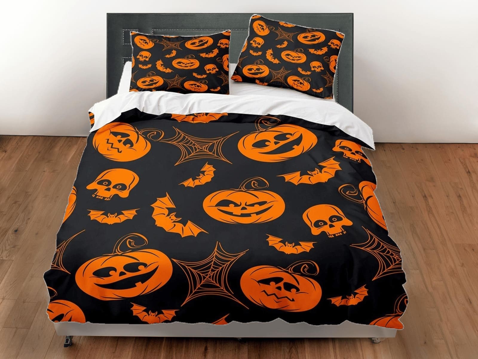 Pumpkin retro halloween bedding & pillowcase, black duvet cover set dorm bedding, halloween decor, nursery toddler bedding…