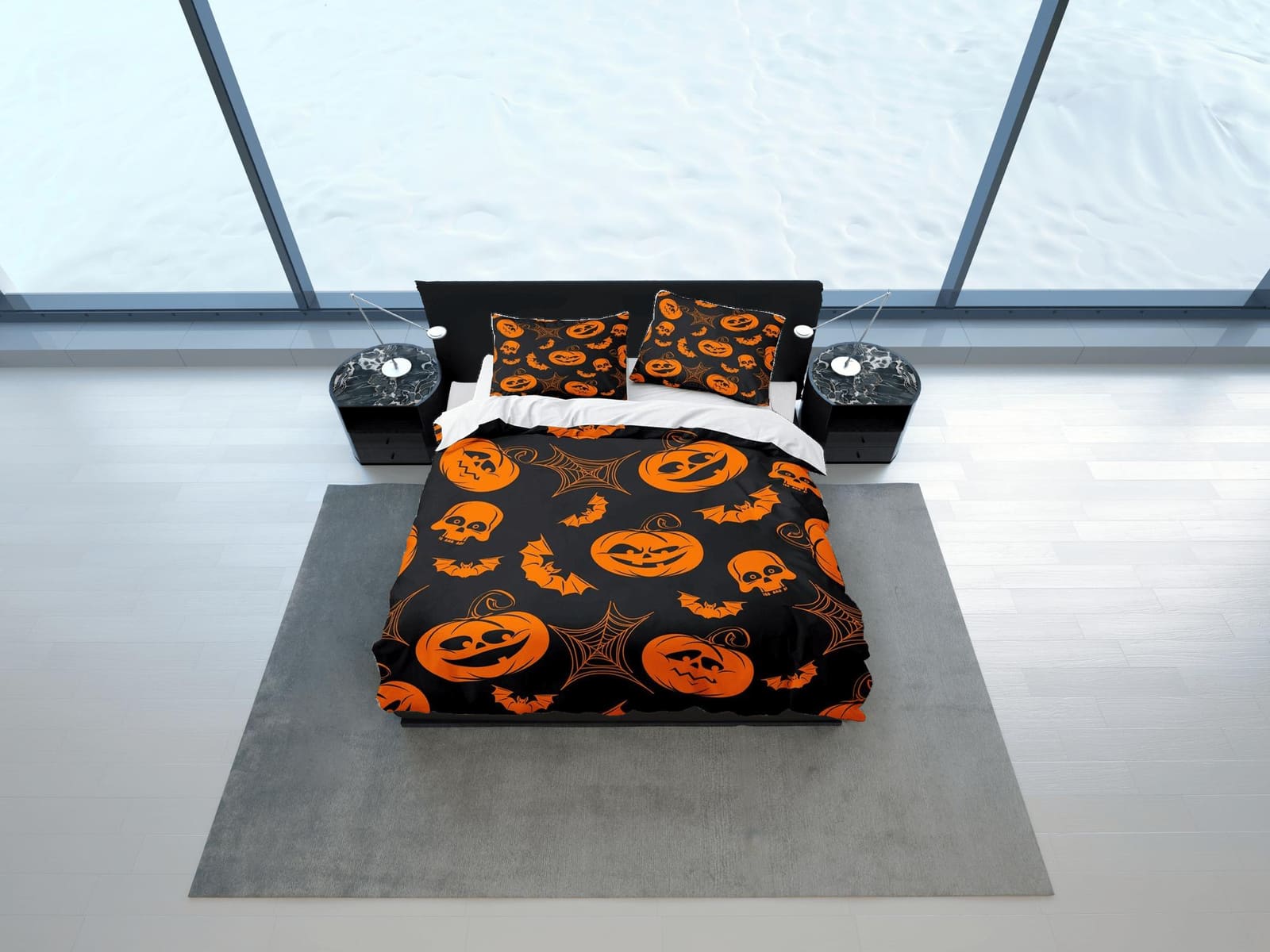 Pumpkin retro halloween bedding & pillowcase, black duvet cover set dorm bedding, halloween decor, nursery toddler bedding…