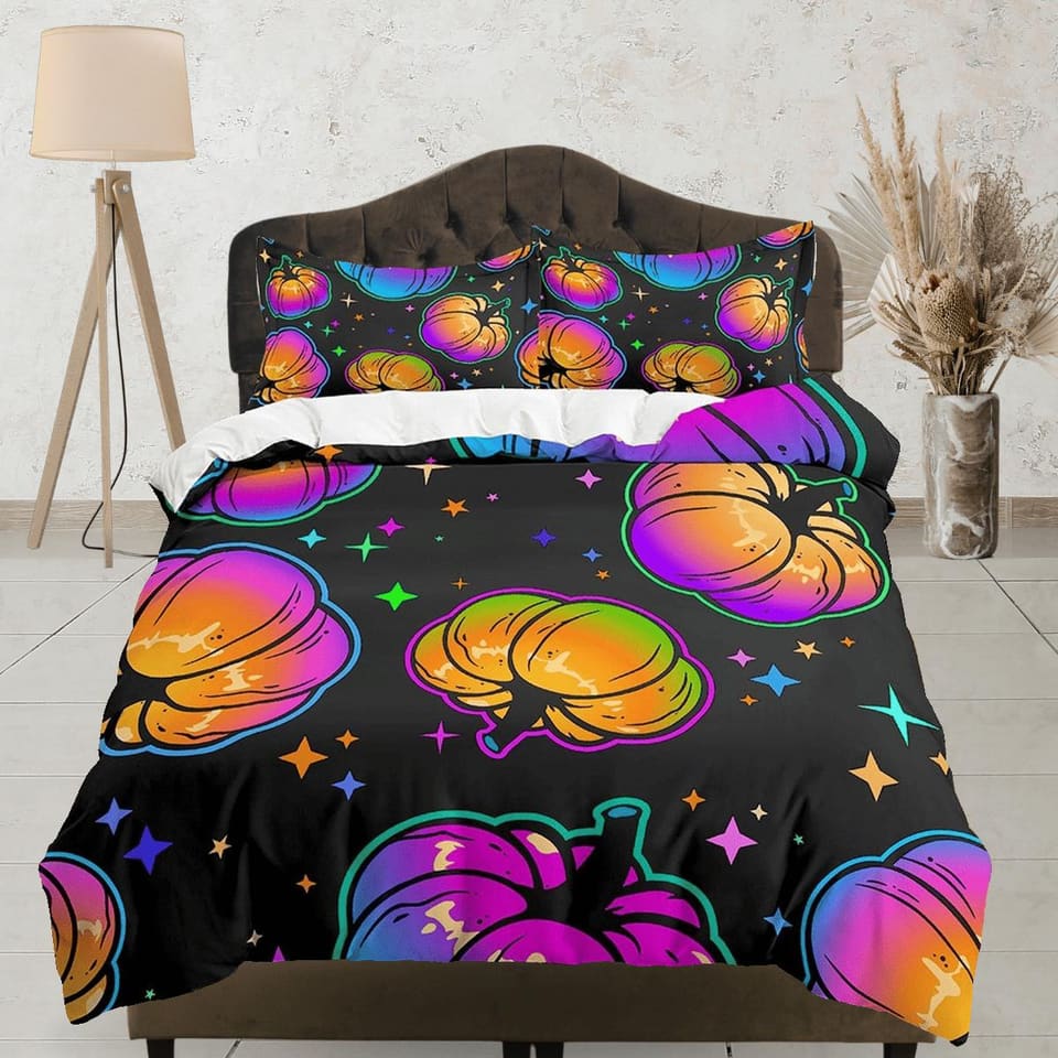 Pumpkin retro halloween bedding & pillowcase, gothic duvet cover, dorm bedding, halloween goth decor toddler bedding, hall…