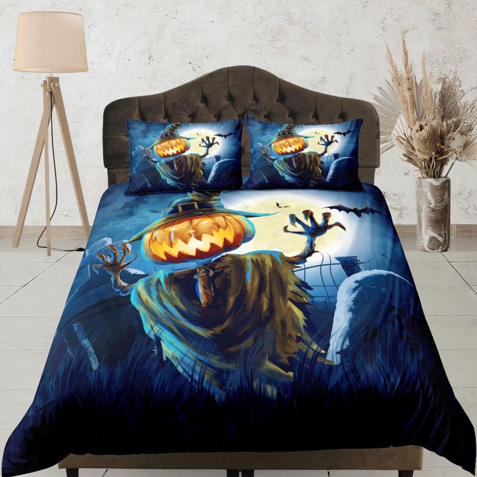 Pumpkin scarecrow halloween bedding & pillowcase, gothic duvet cover, dorm bedding, goth bedding halloween decor gift, tod…