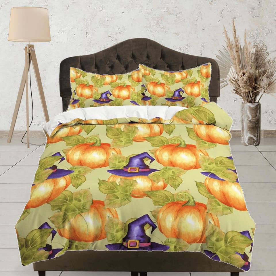 Pumpkin witch vintage halloween bedding & pillowcase, green botanical duvet cover set dorm bedding, nursery toddler beddin…