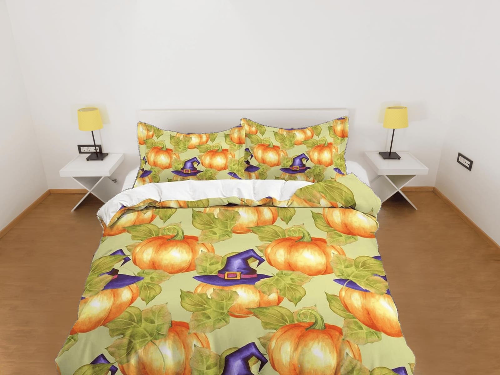 Pumpkin witch vintage halloween bedding & pillowcase, green botanical duvet cover set dorm bedding, nursery toddler beddin…