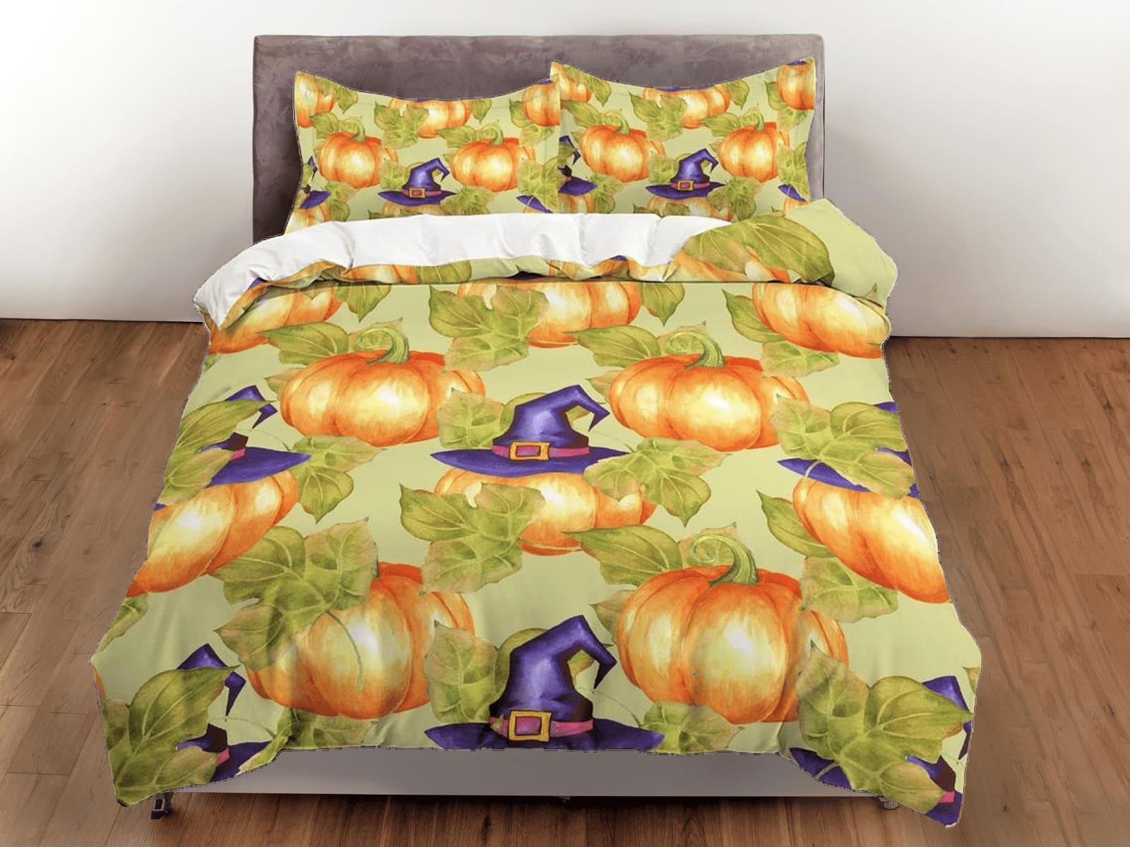 Pumpkin witch vintage halloween bedding & pillowcase, green botanical duvet cover set dorm bedding, nursery toddler beddin…