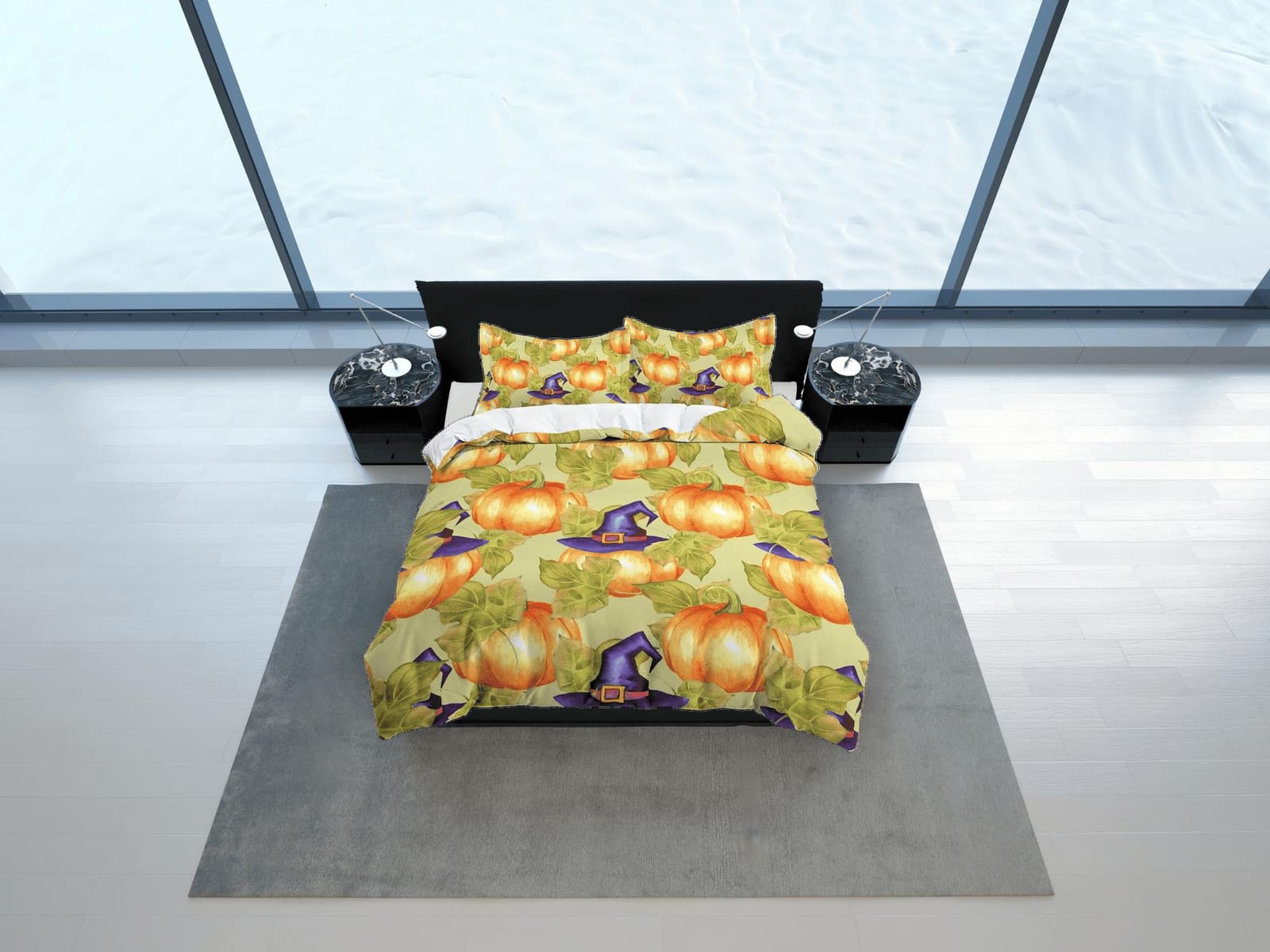 Pumpkin witch vintage halloween bedding & pillowcase, green botanical duvet cover set dorm bedding, nursery toddler beddin…