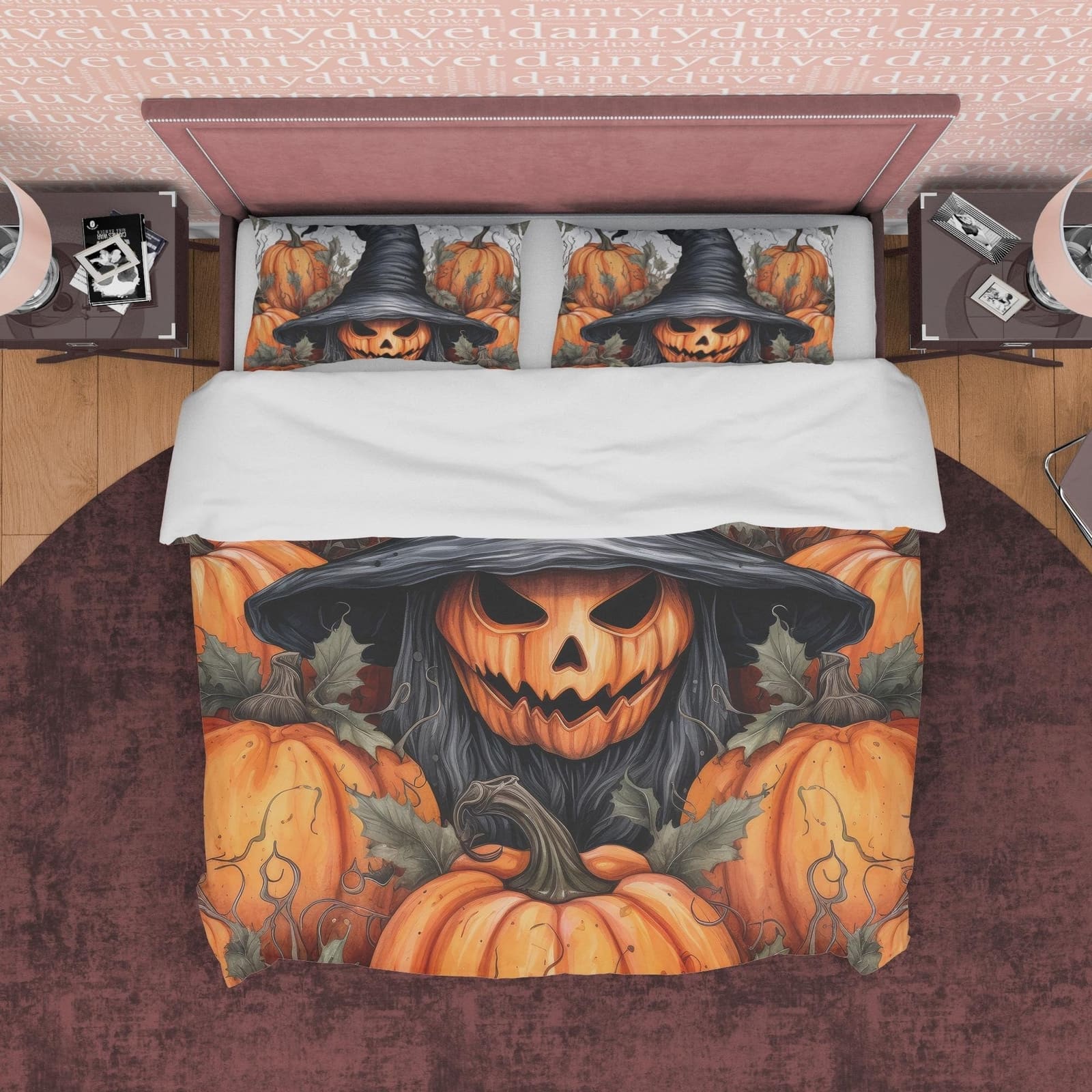 Pumpkin Witchy Duvet Cover Set, Spooky Bedding, Halloween Room Decor, Retro Aesthetic, Autumn Quilt Cover, Farmhouse Bedsp…