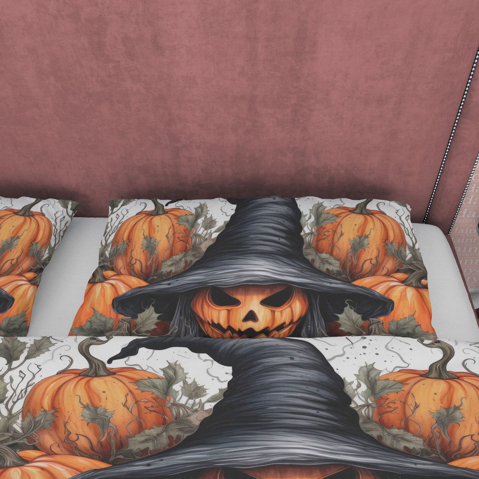 Pumpkin Witchy Duvet Cover Set, Spooky Bedding, Halloween Room Decor, Retro Aesthetic, Autumn Quilt Cover, Farmhouse Bedsp…
