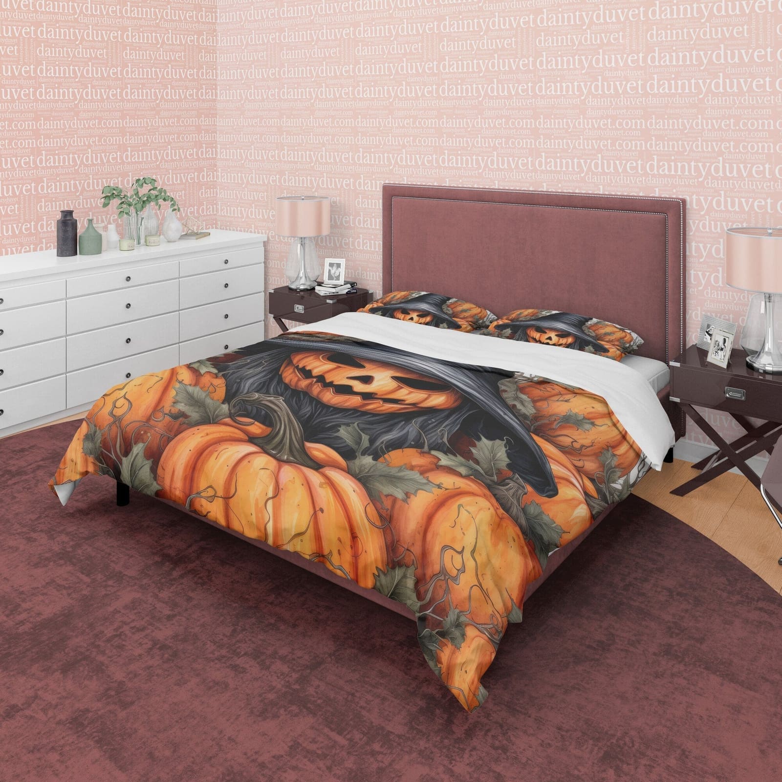 Pumpkin Witchy Duvet Cover Set, Spooky Bedding, Halloween Room Decor, Retro Aesthetic, Autumn Quilt Cover, Farmhouse Bedsp…