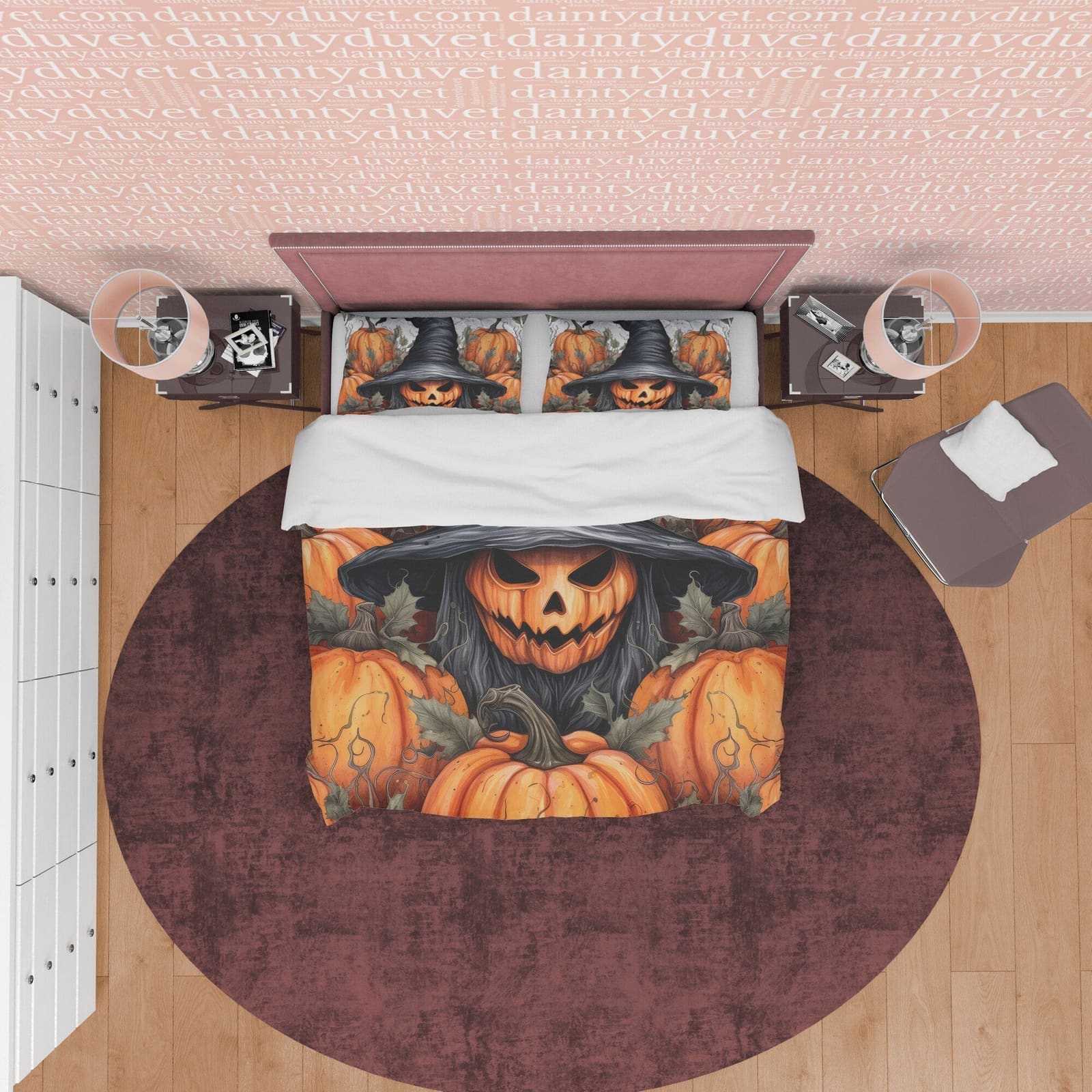 Pumpkin Witchy Duvet Cover Set, Spooky Bedding, Halloween Room Decor, Retro Aesthetic, Autumn Quilt Cover, Farmhouse Bedsp…