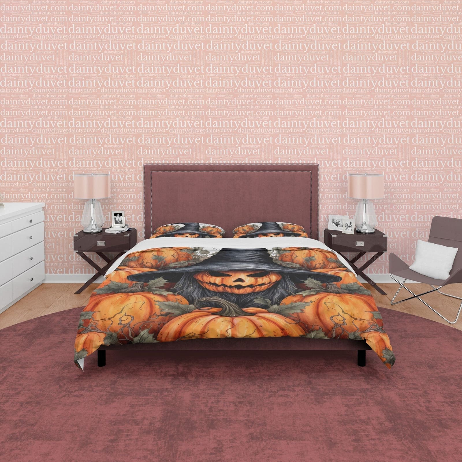 Pumpkin Witchy Duvet Cover Set, Spooky Bedding, Halloween Room Decor, Retro Aesthetic, Autumn Quilt Cover, Farmhouse Bedsp…