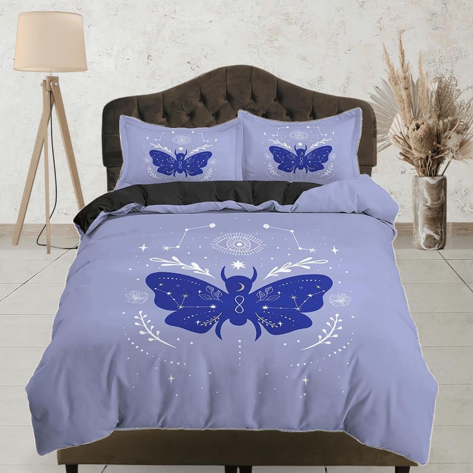 Purple Blue Boho Bedding with Moth and Stars, Celestial Dorm Bedding, Duvet Cover Set, Aesthetic Duvet Cover King Queen Fu…