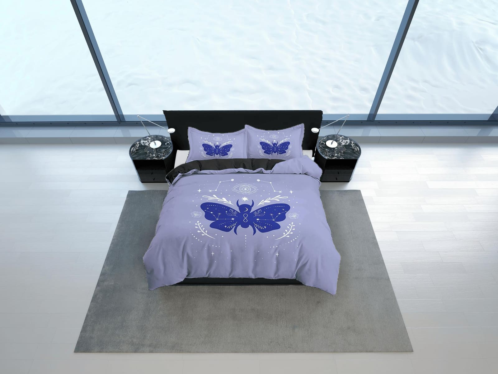 Purple Blue Boho Bedding with Moth and Stars, Celestial Dorm Bedding, Duvet Cover Set, Aesthetic Duvet Cover King Queen Fu…