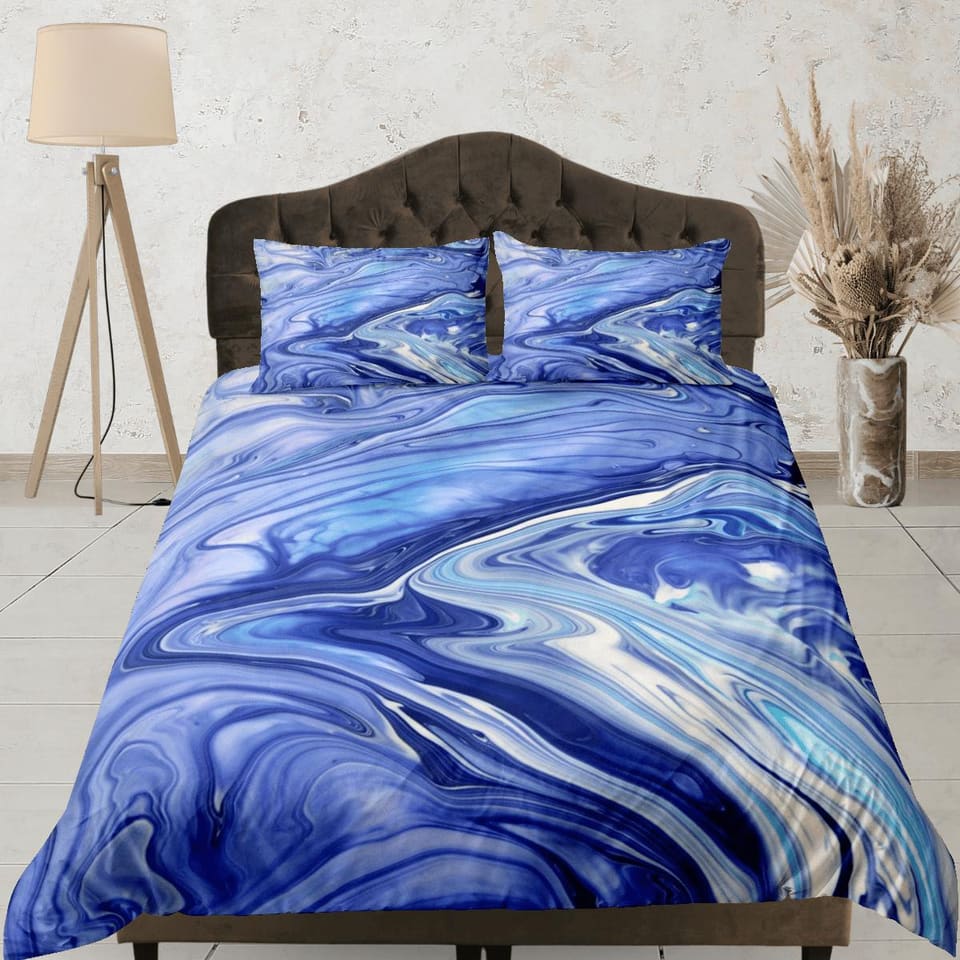 Purple blue marble bedding contemporary bedroom set aesthetic duvet cover, abstract art room decor boho chic bedding set f…
