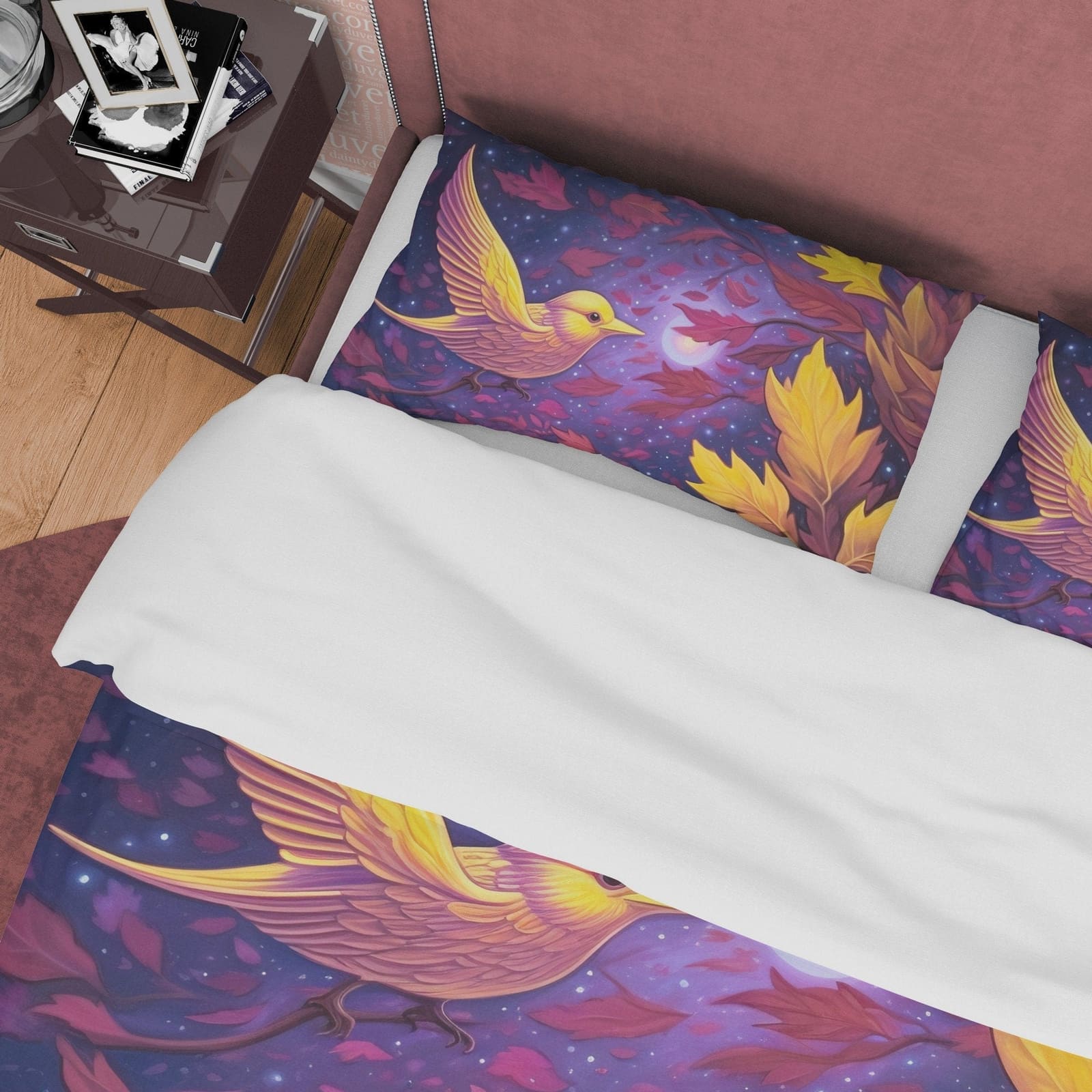 Purple Duvet Cover with Bird in Purple Galaxy Stars, Autumn Bedding Set, Warm Autumn Colors Printed Quilt Cover, Foliage B…