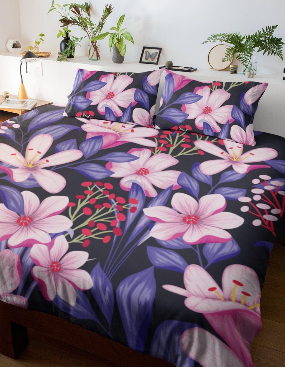 Purple Duvet Cover with Floral Prints | Bedding Set & Pillow Case with Pink Flowers Design For King, Queen, Full, Twin and…