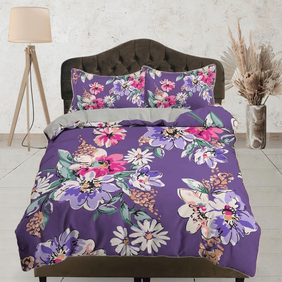 Purple floral duvet cover colorful bedding, teen girl bedroom, baby girl crib bedding boho maximalist aesthetic shabby chi…