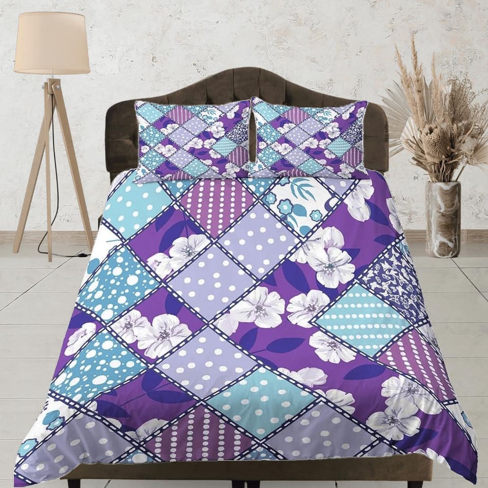 Purple floral patchwork quilt printed duvet cover set, aesthetic room decor bedding set full, king, queen size, boho bedsp…