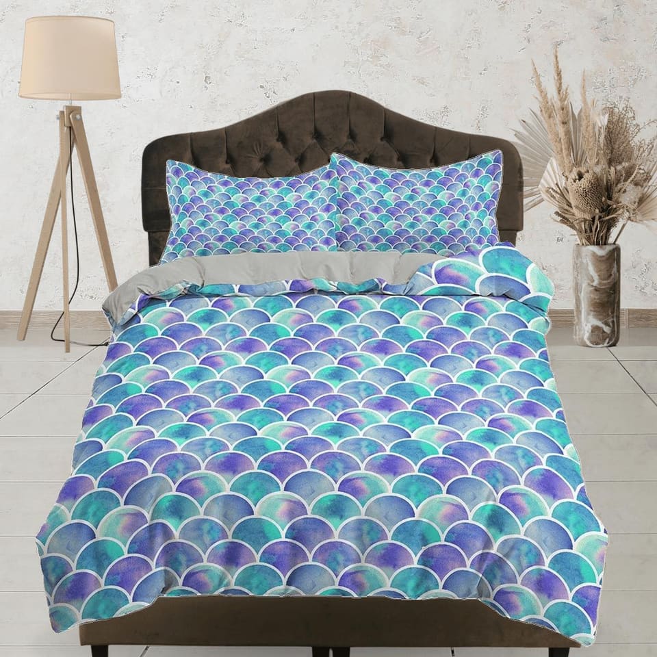Purple green fish scales colorful toddler bedding, unique duvet cover kids, crib bedding, baby zipper bedding, king queen…