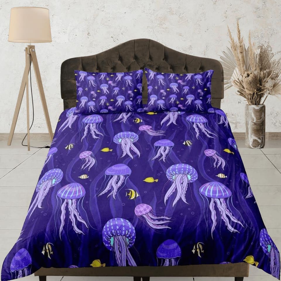 Purple jellyfish & yellow fish bedding duvet cover, ocean blush sea animal bedding set full king queen twin crib toddler,…