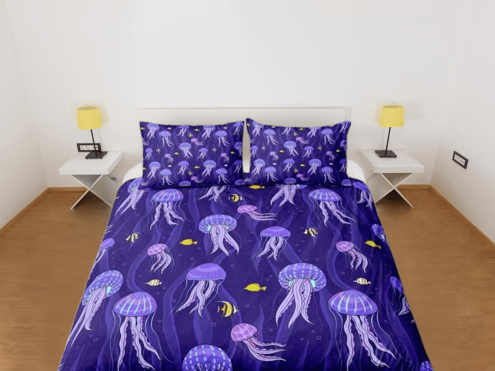 Purple jellyfish & yellow fish bedding duvet cover, ocean blush sea animal bedding set full king queen twin crib toddler,…