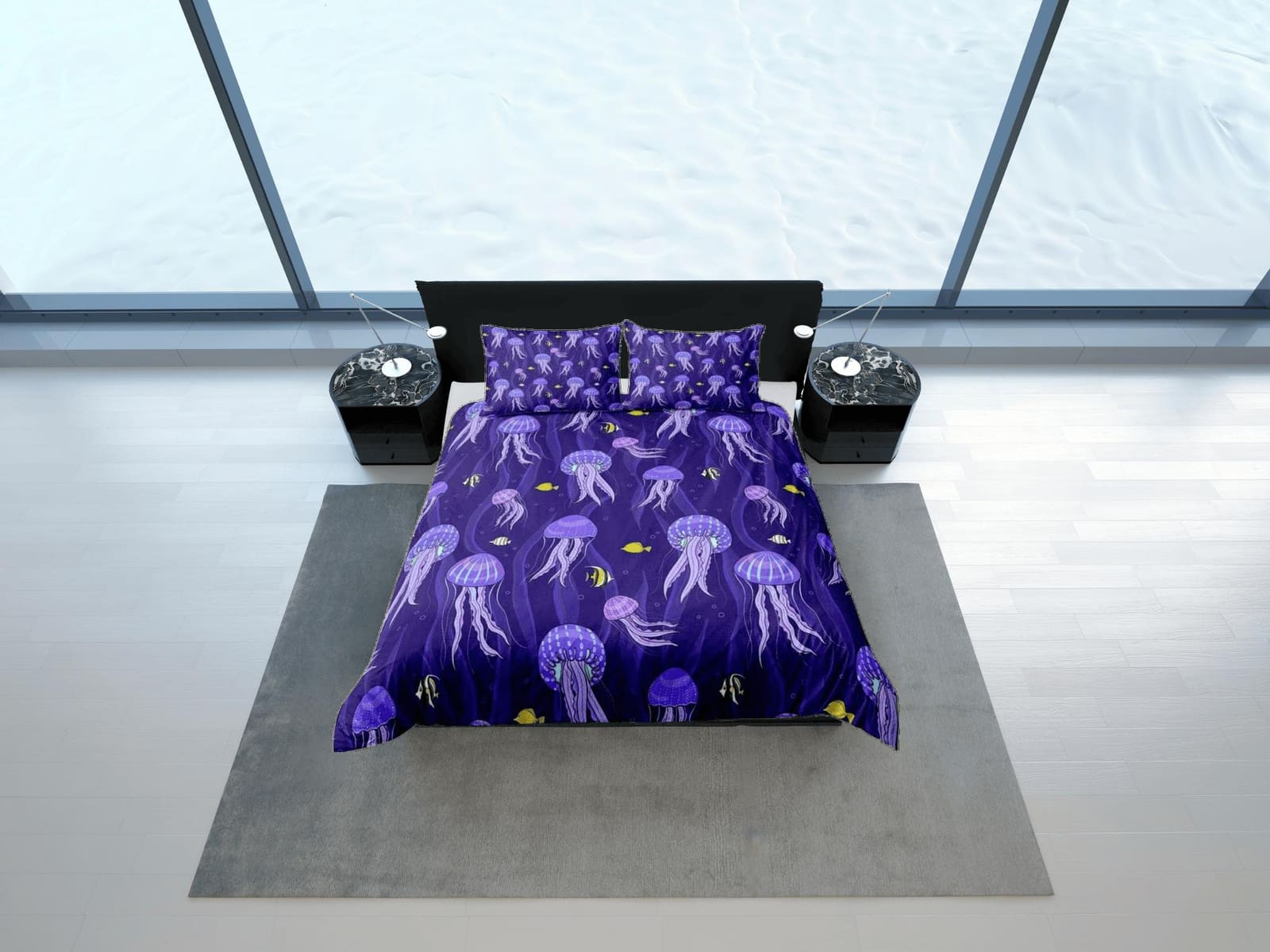Purple jellyfish & yellow fish bedding duvet cover, ocean blush sea animal bedding set full king queen twin crib toddler,…