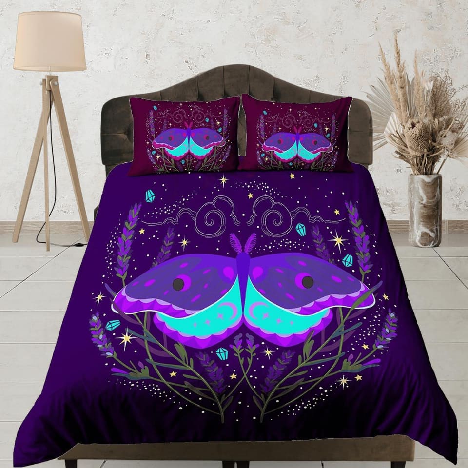 Purple luna moth neon celestial bedding, witchy decor dorm bedding, aesthetic duvet, boho bedding set full king queen, ast…