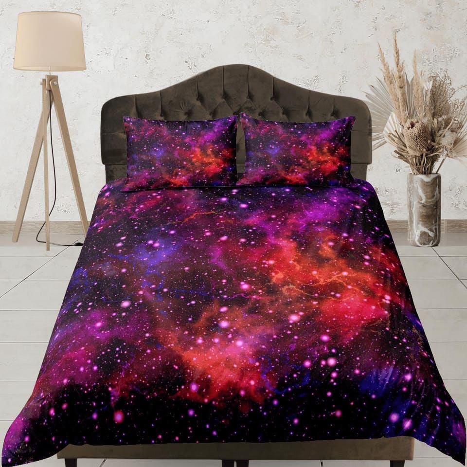 Purple orange galaxy bedding, 3D outer space bedding set full, cosmic duvet cover king, queen, dorm bedding, toddler beddi…