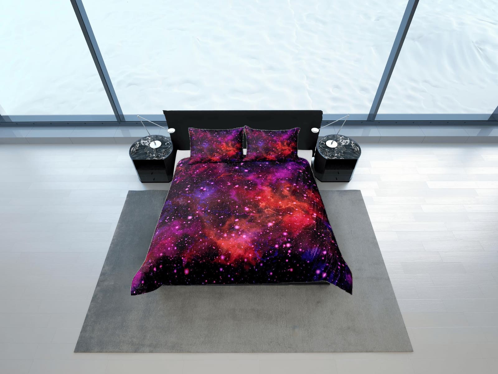 Purple orange galaxy bedding, 3D outer space bedding set full, cosmic duvet cover king, queen, dorm bedding, toddler beddi…