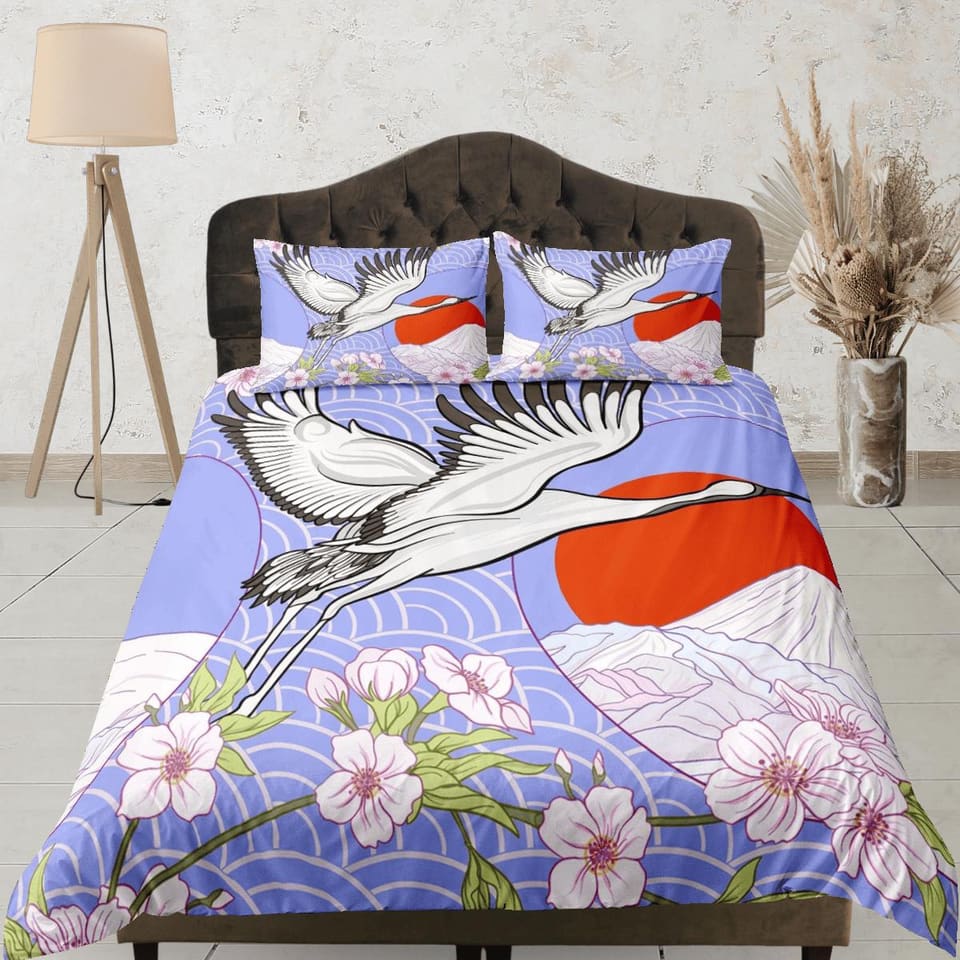 Purple oriental bedding, crane bird, floral prints on japanese duvet cover set for king, queen, full, twin, single, toddle…