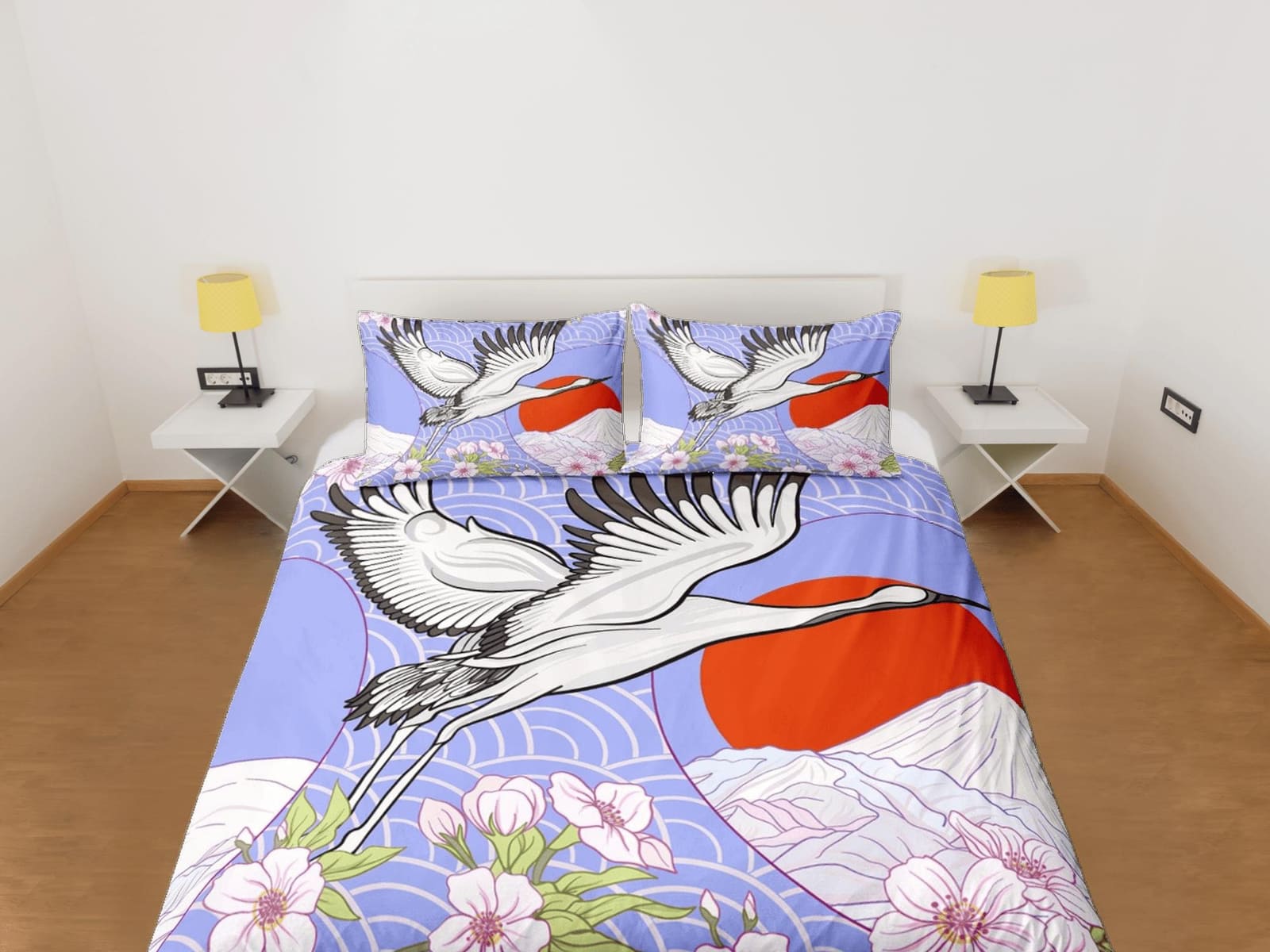 Purple oriental bedding, crane bird, floral prints on japanese duvet cover set for king, queen, full, twin, single, toddle…