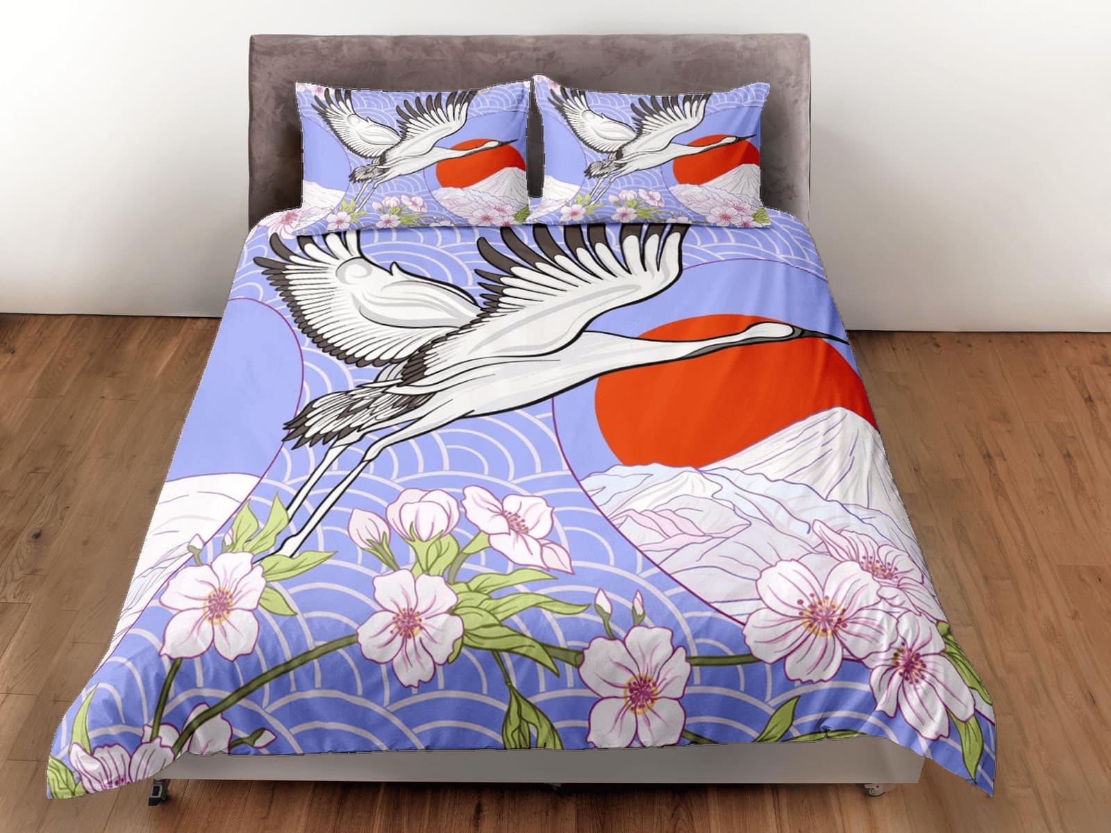 Purple oriental bedding, crane bird, floral prints on japanese duvet cover set for king, queen, full, twin, single, toddle…