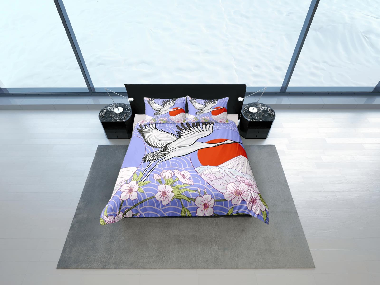 Purple oriental bedding, crane bird, floral prints on japanese duvet cover set for king, queen, full, twin, single, toddle…