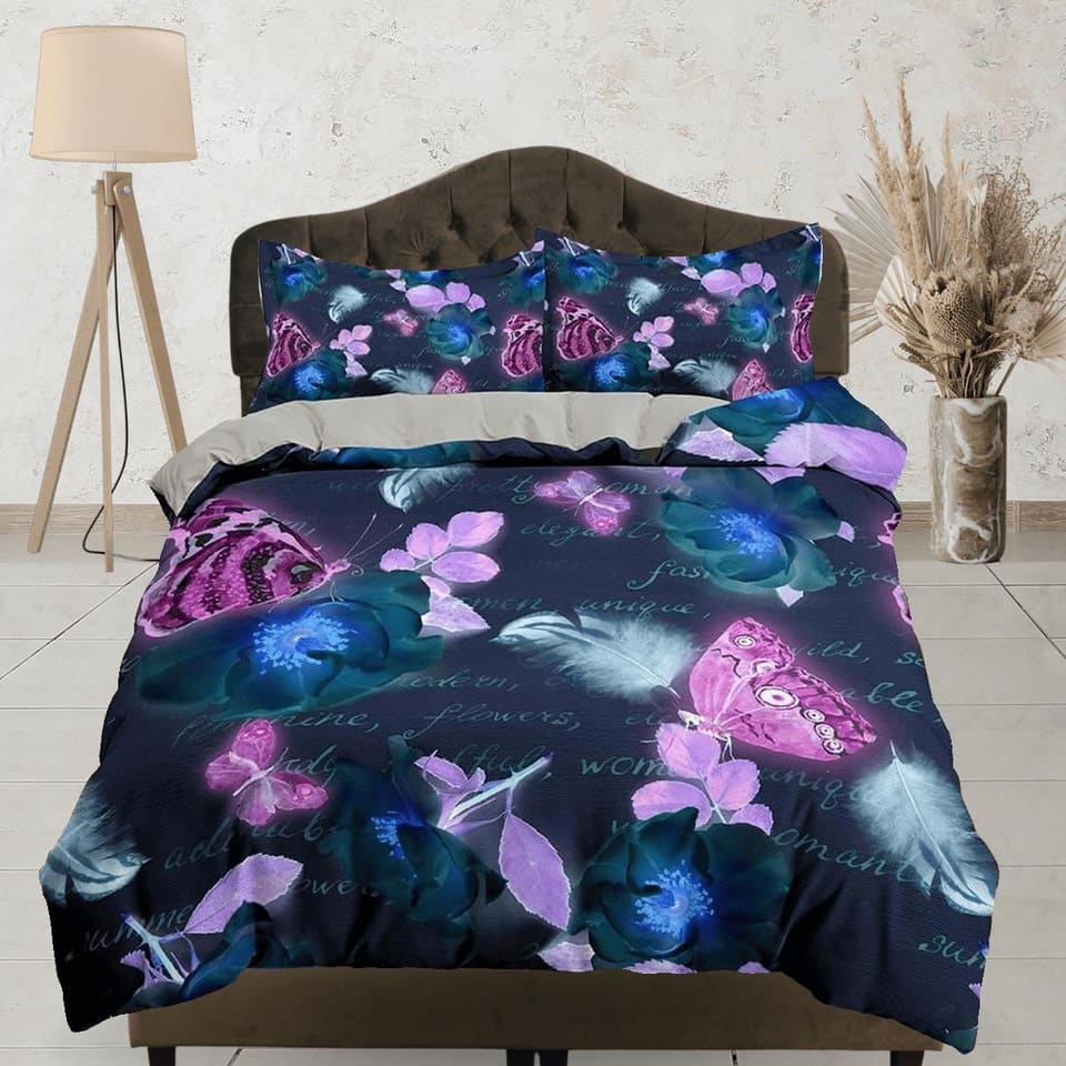 Purple pink butterfly bedding boho chic dark blue duvet cover, dorm bedding full size adult duvet king queen twin, nursery…