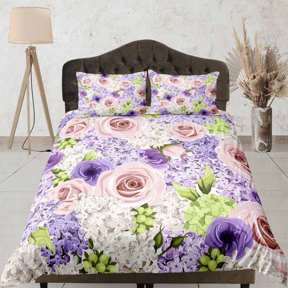 Purple & Pink Roses Duvet Cover Set Colorful Bedspread, Floral Dorm Bedding Pillowcase, King Duvet Full Queen Duvet Comfor…