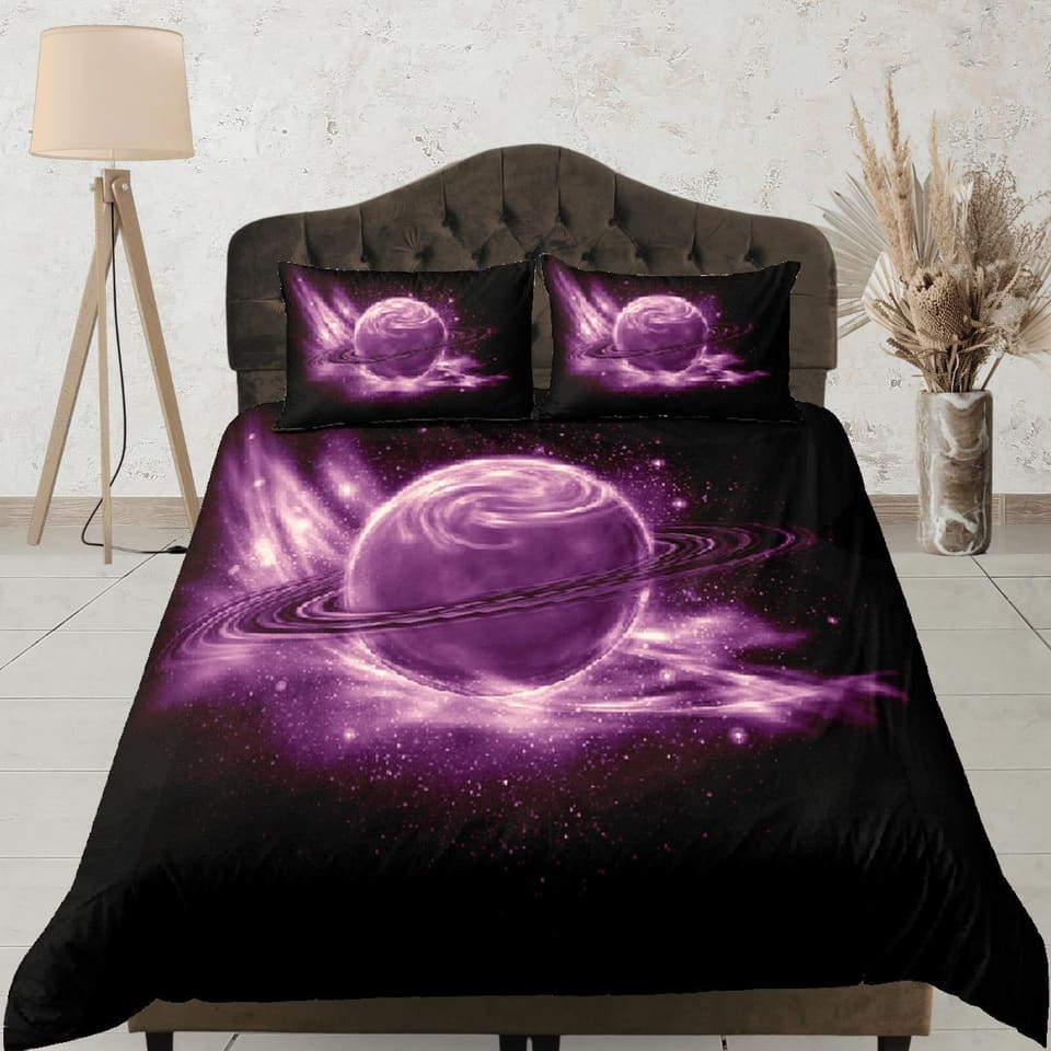 Purple planet duvet cover set, Saturn galaxy bedding, outer space bedding set full, duvet cover king, queen, dorm bedding,…