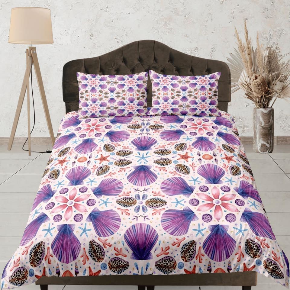 Purple sea shells coastal grandma duvet cover ocean blush bedding set full queen king, aesthetic room decor, beach lover g…