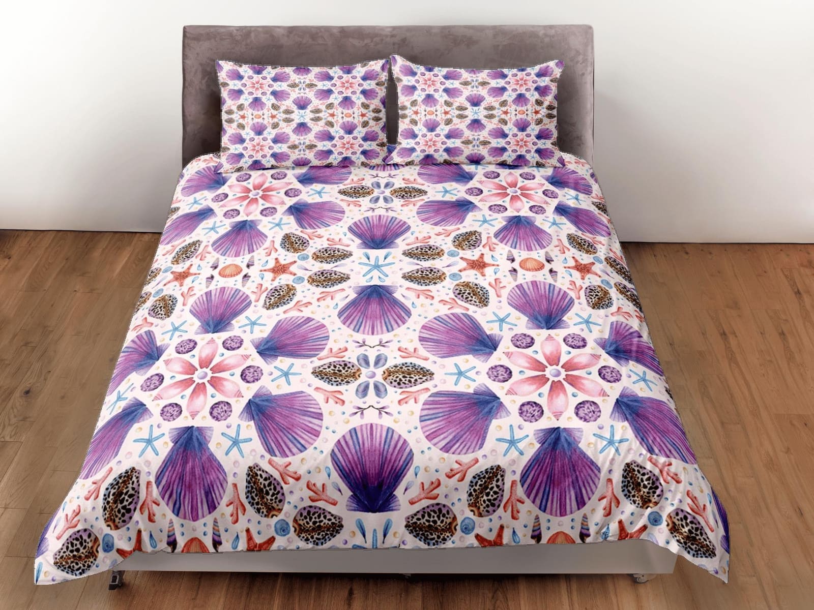 Purple sea shells coastal grandma duvet cover ocean blush bedding set full queen king, aesthetic room decor, beach lover g…