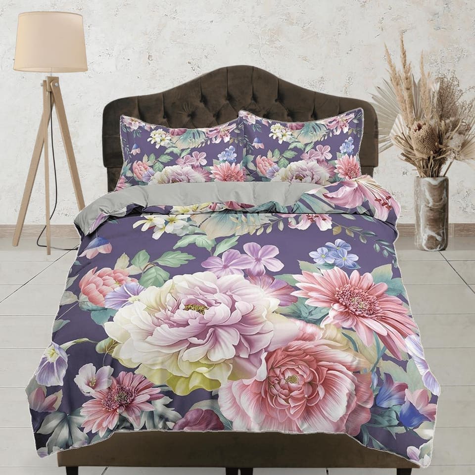 Purple shabby chic bedding floral duvet cover, pink roses, teen girl bedroom, baby girl crib bedding boho maximalist bedsp…