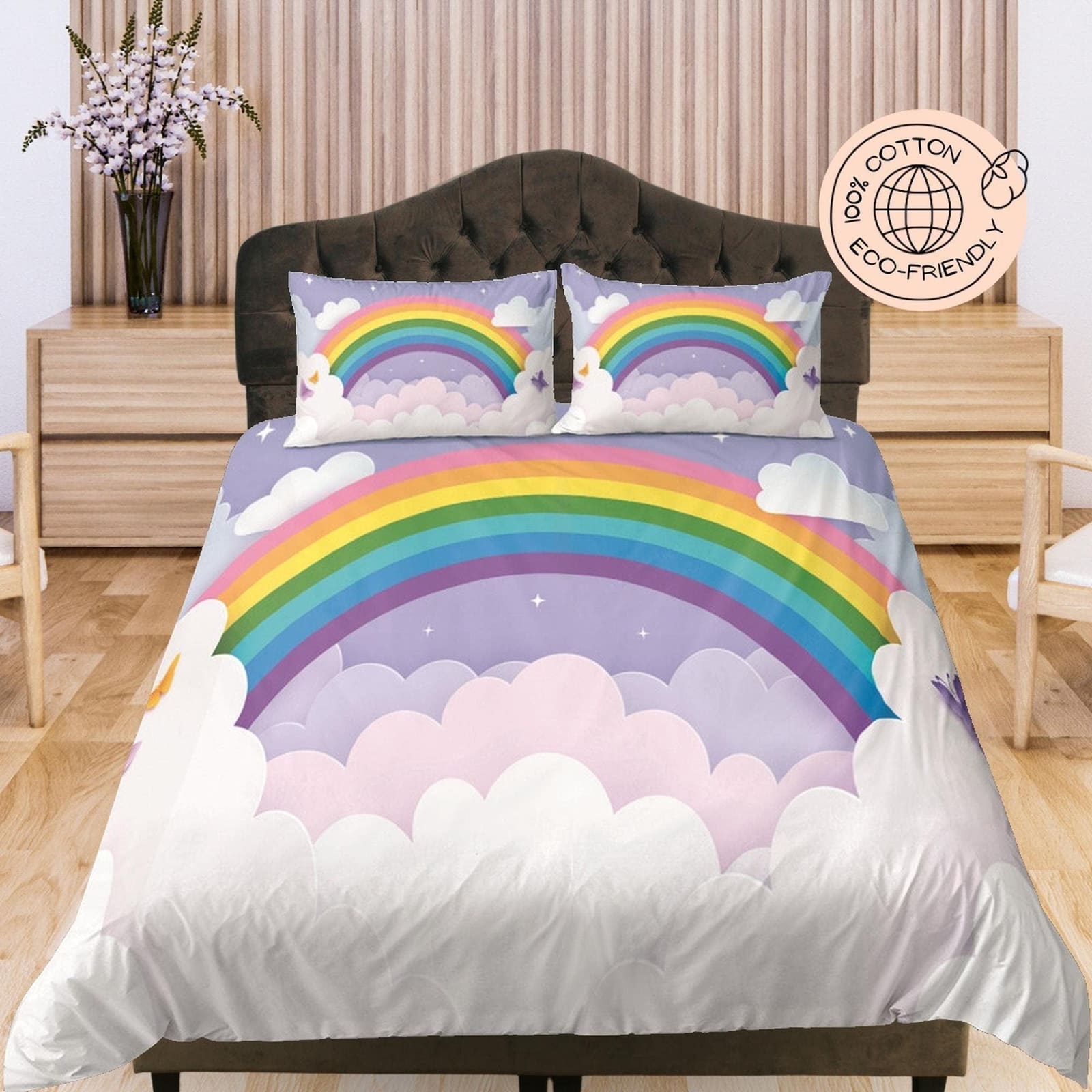 Rainbow and Clouds Cotton Duvet Cover Set for Kids, Coloful Toddler Bedding, Baby Zipper Bedding, Nursery Cotton Bedding,…