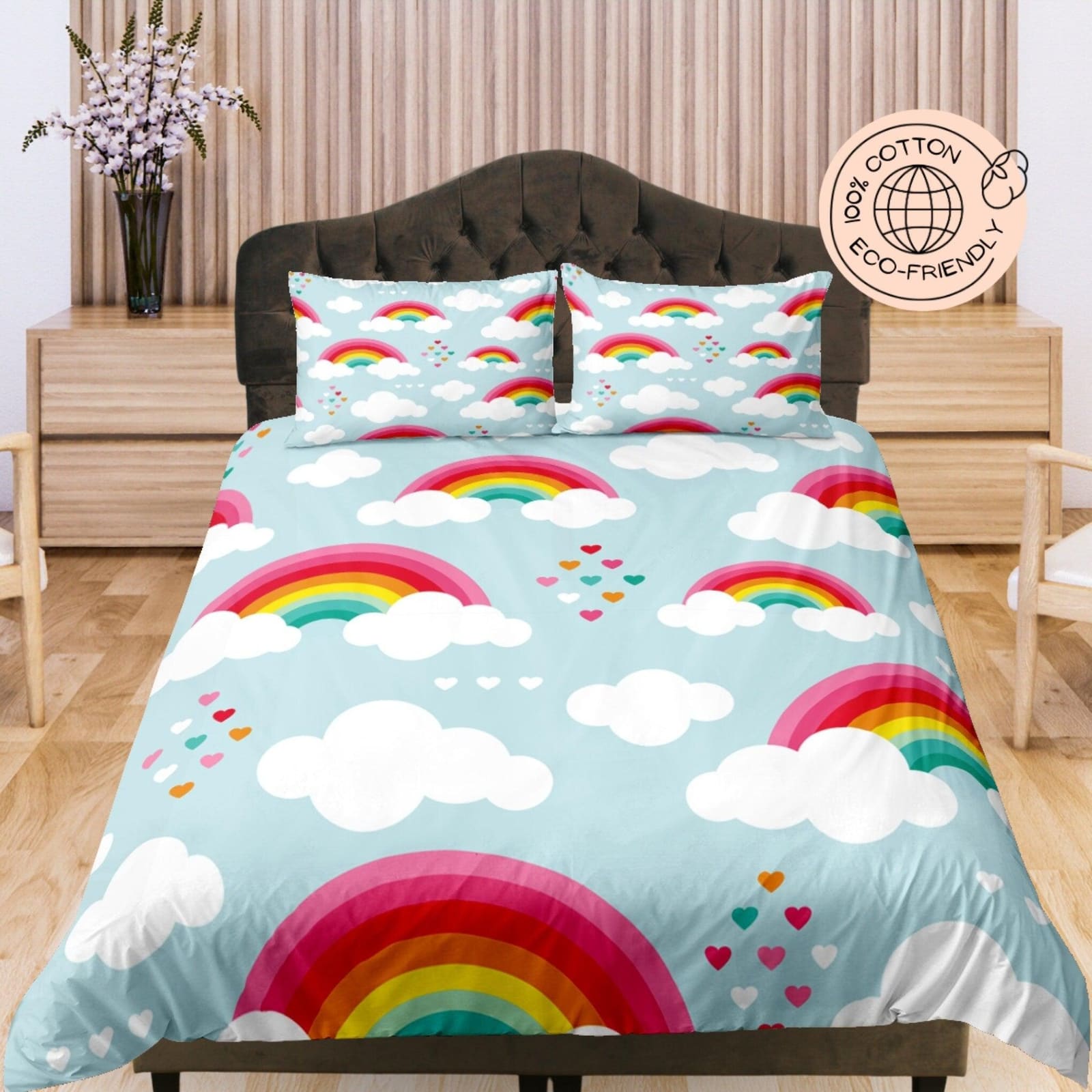 Rainbow Cotton Duvet Cover Set for Kids, Light Blue Toddler Bedding, Baby Zipper Bedding, Colorful Nursery Bedding, Crib B…