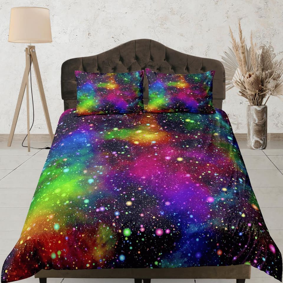 Rainbow galaxy bedding, 3d outer space bedding set full, cosmic duvet cover king, queen, dorm bedding, toddler bedding aes…