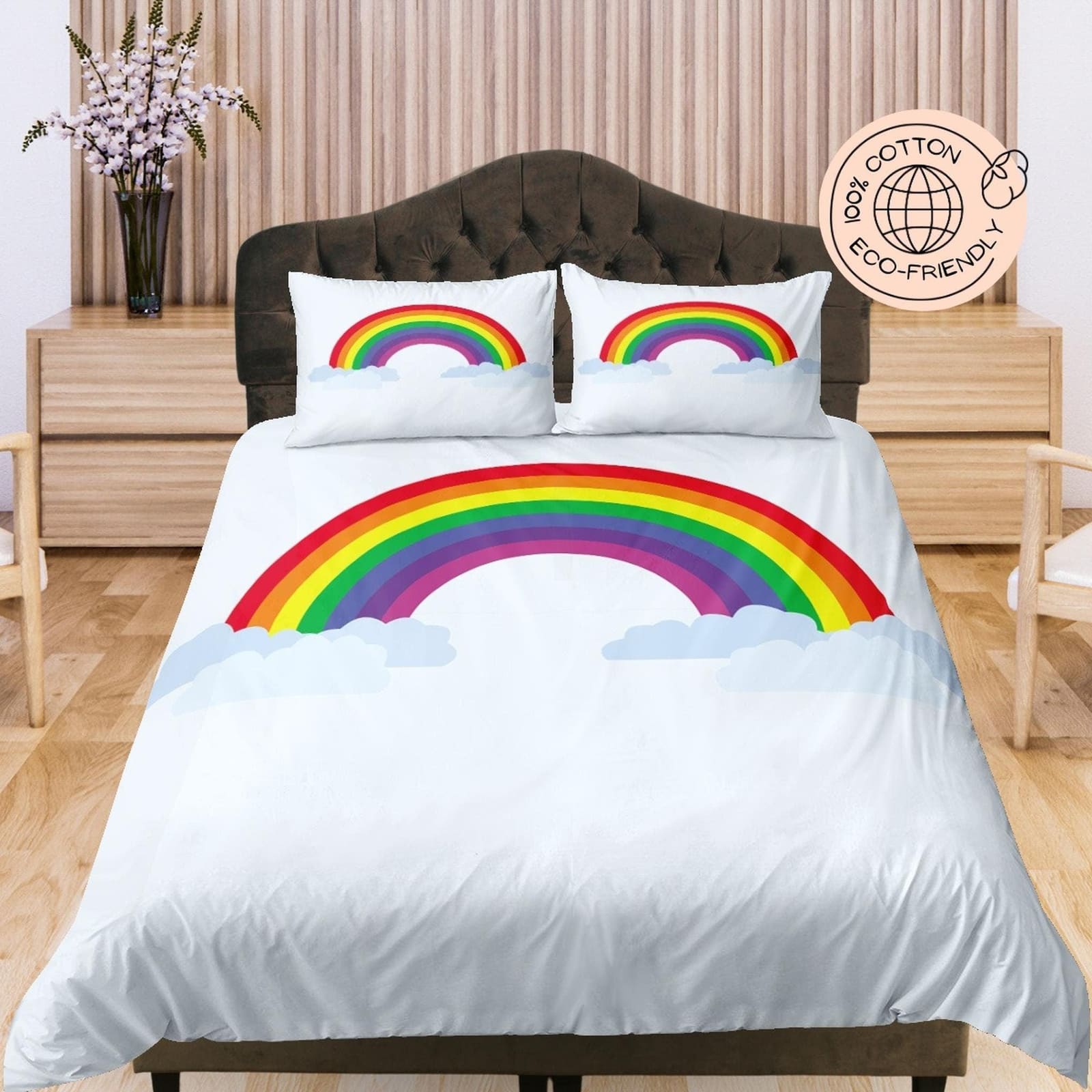 Rainbow in Sky Cotton White Duvet Cover Set for Kids, Toddler Bedding, Baby Zipper Bedding, Nursery Cotton Bedding, Crib B…