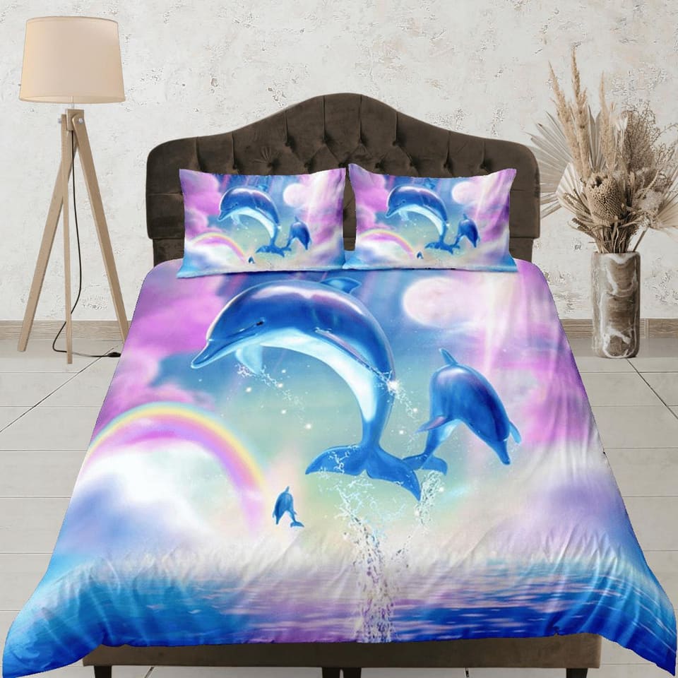 Rainbow & jumping dolphin bedding pink blue duvet cover, ocean blush decor bottle nose dolphin bedding set full king queen…