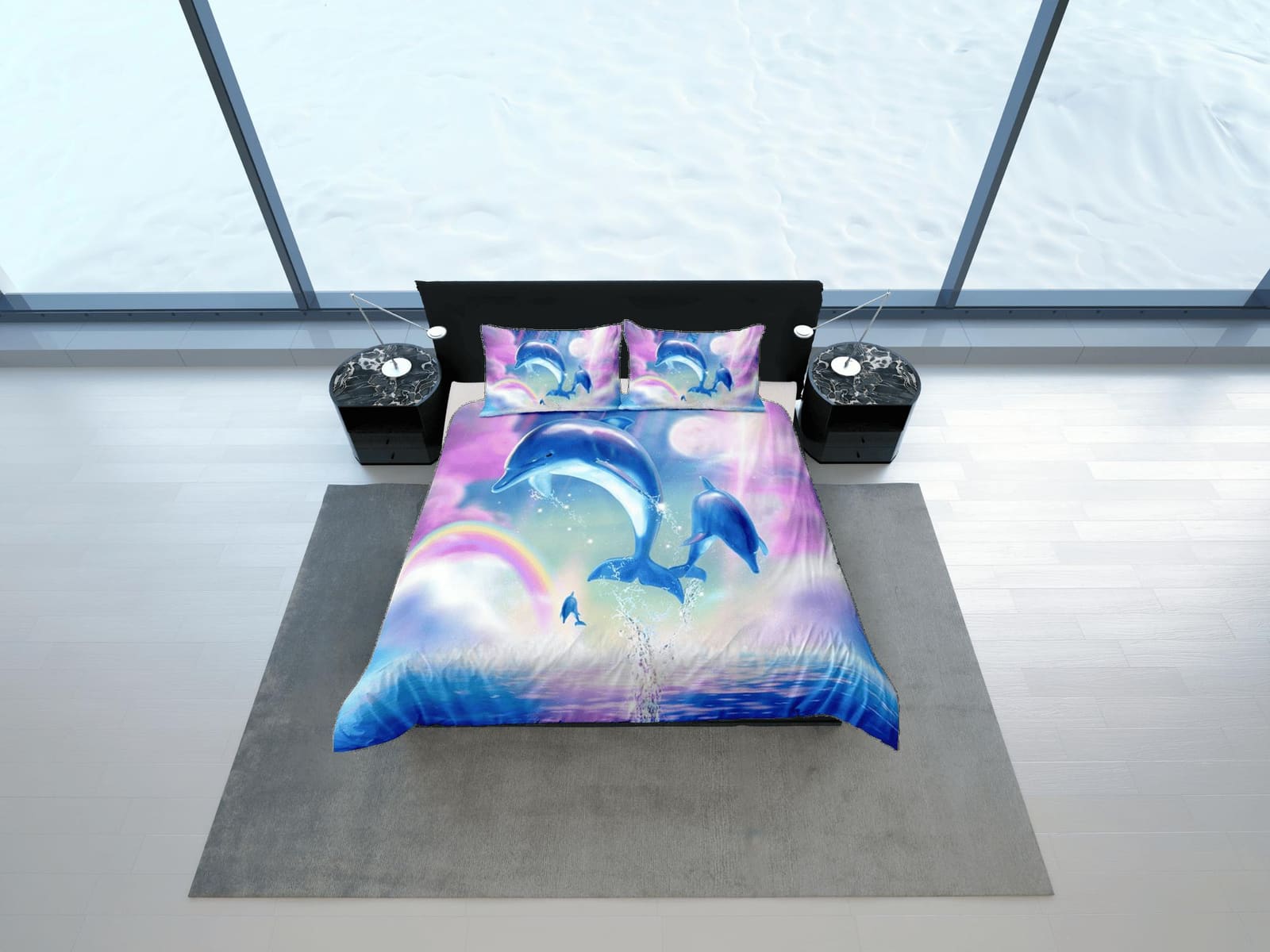 Rainbow & jumping dolphin bedding pink blue duvet cover, ocean blush decor bottle nose dolphin bedding set full king queen…